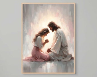 彼女の信仰、キリスト教の絵画、少女と祈るイエス、イエスと少女の絵画