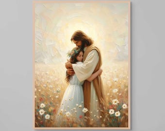 Feel His Love, Modern Christian Art, Jesus Hugging Girl, Jesus Art Prints, LDS Art, Bible Printable, Jesus and Girl, Jesus Art, Jesus Poster