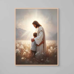He Feels, Modern Christian Art, Jesus Hugging Boy, Jesus Art, LDS Art, Bible Wall Art, Jesus with Children, Picture of Christ, Jesus Prints