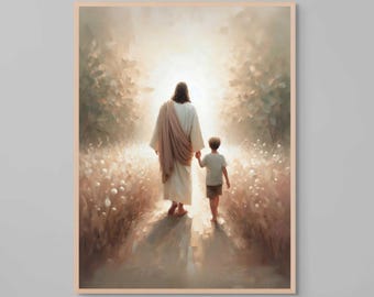 May include: A painting of Jesus Christ walking with a child through a field of flowers. The light shines brightly behind them, creating a halo effect around Jesus' head. The painting is done in a realistic style with soft colors.