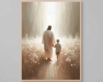 His Savior, Christian Art, Jesus Walking with Boy, Jesus Art, LDS Art, Bible Wall Art, Christ with Children, Jesus Watercolour, Jesus Poster