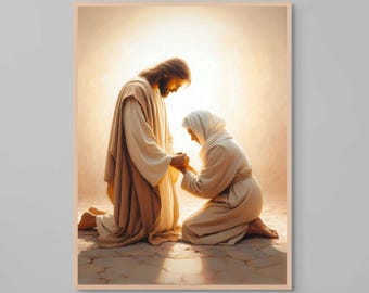 Savior's Love, Christian Painting, Jesus with Elderly Woman, Picture of Christ, LDS Art, Bible Painting, Jesus Heals a Woman, Jesus Painting