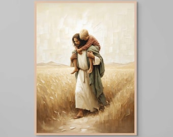 May include: A painting of Jesus carrying a young child on his shoulders. They are walking through a field of wheat. The child is wearing a red shirt and the man is wearing a white robe with a green cloak.