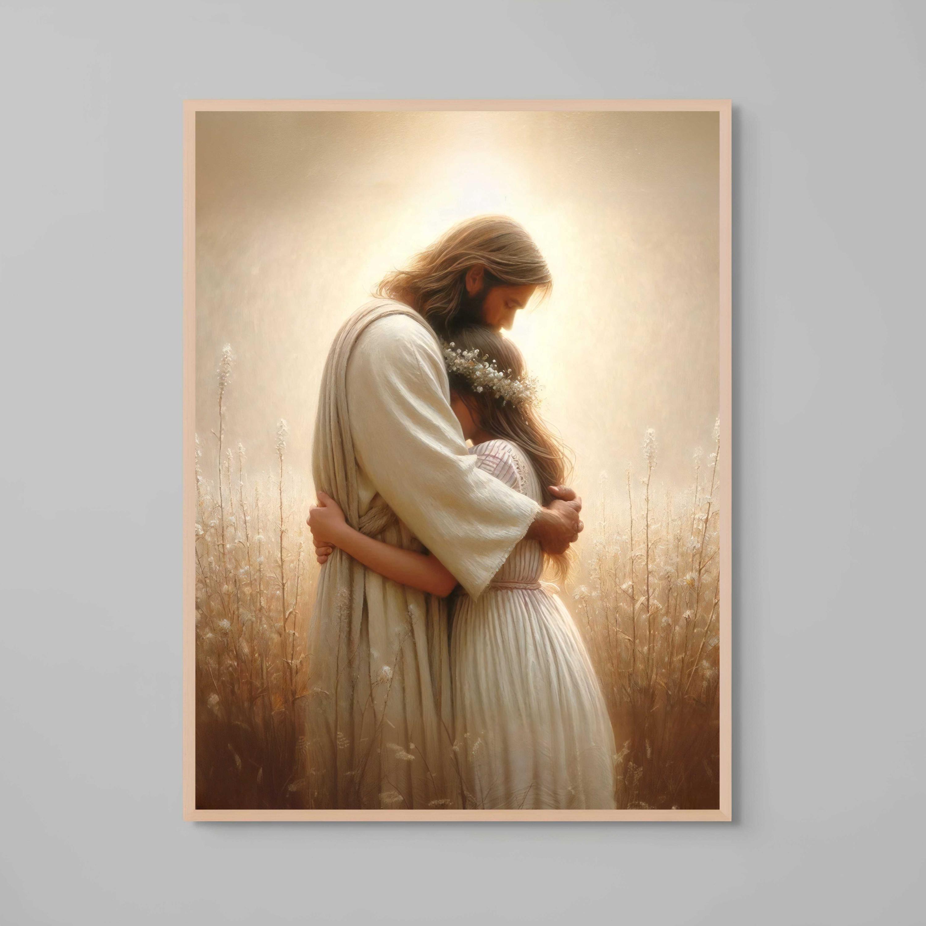 In zijn omhelzing, christelijke muurkunst, Jezus knuffelt meisje, Jezus prenten, Jezus met meisje, Bijbelkunst, foto van Jezus, christelijke afdrukbare kunst