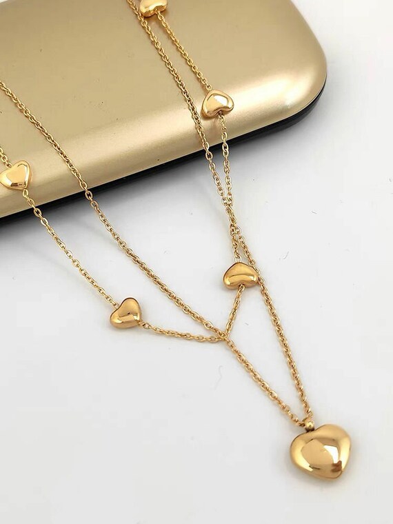 18K Gold Plated Stainless Steel Heart Charm Layered Chain Necklace For Women – Adjustable