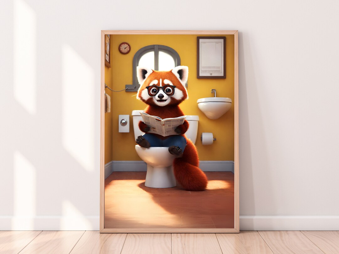 Red Panda on the Toilet Seat Reading a Newspaper, Funny Bathroom Wall ...