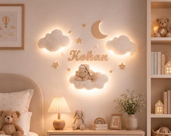 Personalized Bear Nursery Wall Decor, Teddy Bear Night Light, Baby Name Sign, Cloud Nursery Decor