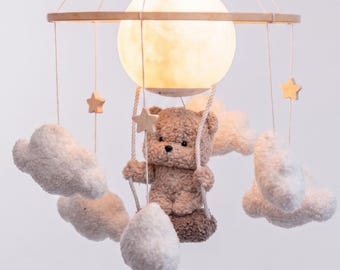 Bear on Swing Night Light, Moon Nursery Mobile, Baby Room Decor