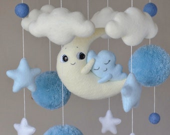 Baby mobile boy , Blue mobile ,nursery boy decor, moon mobile, crib mobile , blue nursery decor, newborn present, baby shower gift