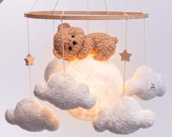 Teddy Bear Mobile, Neutral Nursery Baby Decor, Moon Mobile