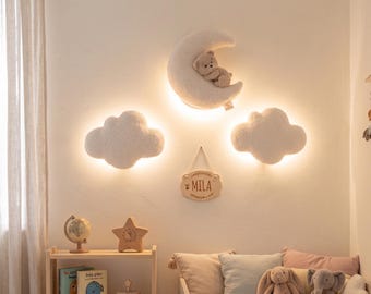 Teddy Bear Nursery Night Light: Bouclé Moon, Stars, Clouds