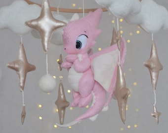 Felt Dragon Baby Mobile, Pink Nursery Decor, Fantasy Crib Mobile
