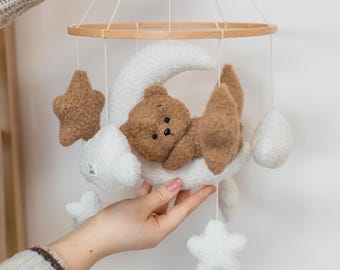 Boucle Baby Mobile: Sleeping Bear, Stars & Clouds Crib Mobile