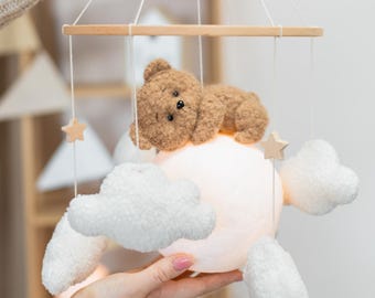 Bear on Moon Nursery Mobile: USB Night Light with Remote