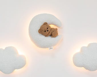 Teddy Bear Nursery Night Light: Bouclé Moon, Stars, Clouds