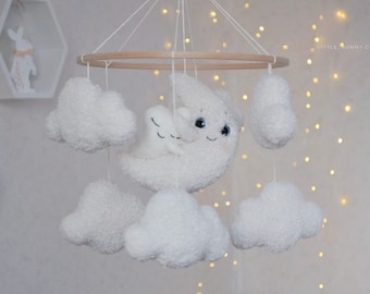 Boucle clouds and moon baby mobile new mom gift Neutral crib mobile Neutral nursery mobile pregnant mom gift Cloud mobile Moon mobile