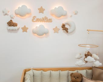Personalized Teddy Bear Nursery Wall Decor with Clouds and Name