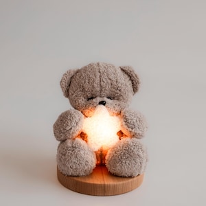 Teddy Bear Night Light, Soft Plush Nursery Lamp with Wooden Base