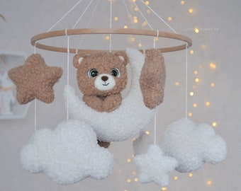 Teddy Bear Baby Mobile: Boucle Moon, Stars & Clouds Crib Mobile