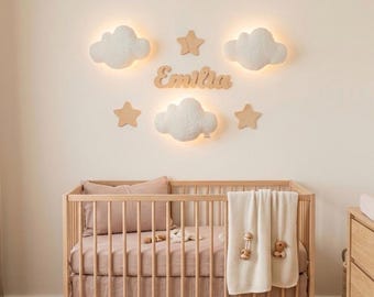 Wooden Name Wall Decor, Cloud Wall Lights Set