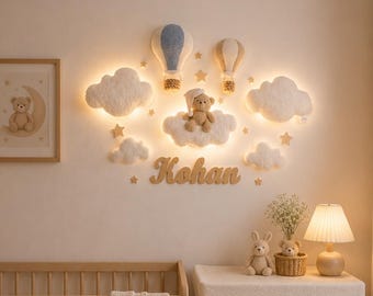 Personalized Bear Nursery Wall Decor, Teddy Bear Night Light, Baby Name Sign, Cloud Nursery Decor