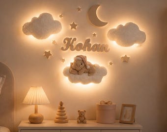 Personalized Bear Nursery Wall Decor, Teddy Bear Night Light, Baby Name Sign, Cloud Nursery Decor