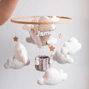 Personalized Hot Air Balloon Mobile: Bouclé Cloud Nursery Decor