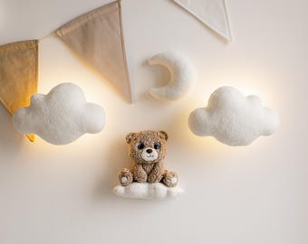 Handmade Bouclé Nursery Decor: Teddy Bear, Moon, Stars Night Light