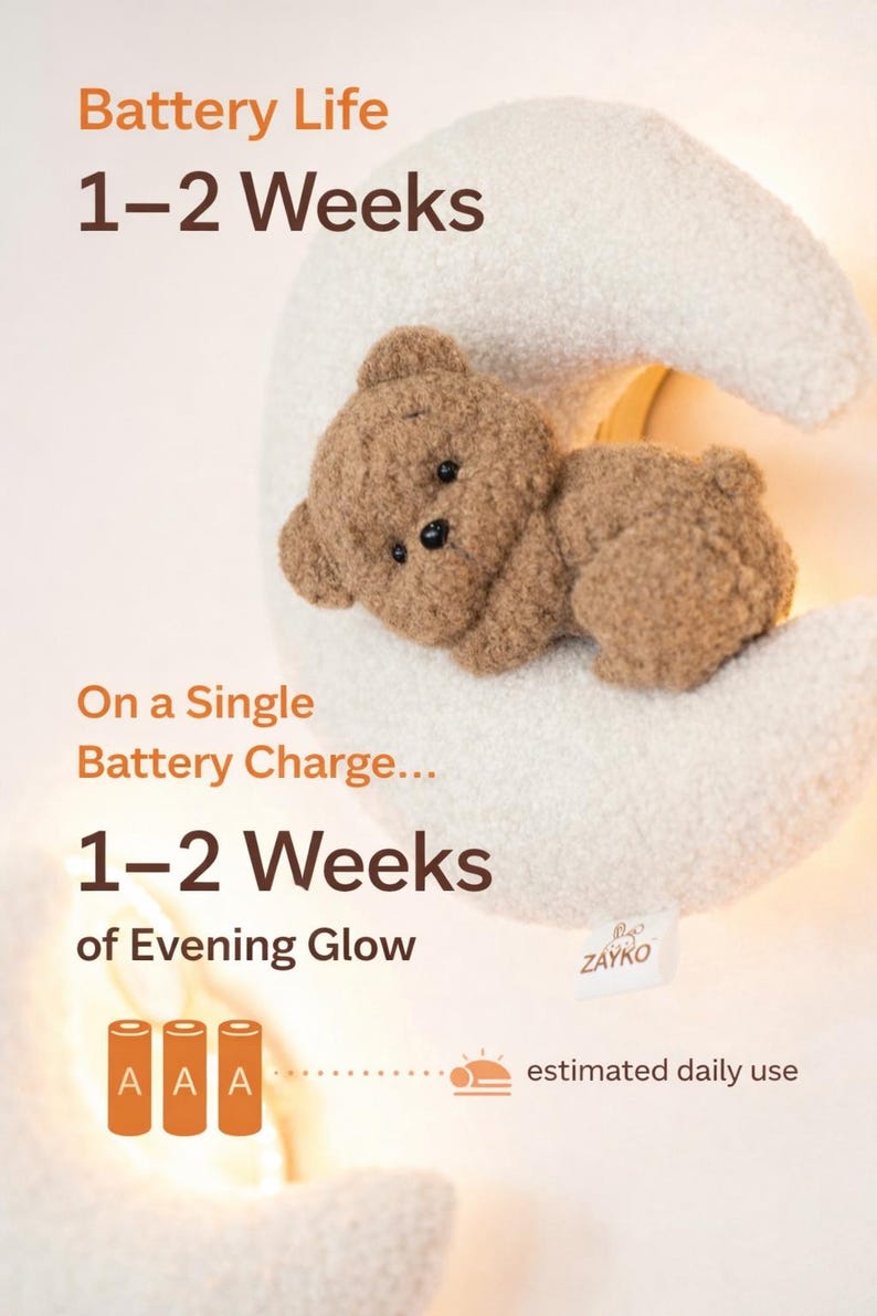 May include: A plush, brown teddy bear rests on a soft, white crescent moon-shaped night light. The image includes text indicating a battery life of 1-2 weeks on a single charge, with estimated daily use.