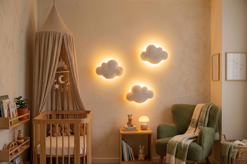 Bouclé Cloud Nursery Light Set: Handmade Teddy Bear Decor image 1