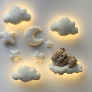 Handmade Bouclé Nursery Night Light: Teddy Bear, Moon & Stars Wall Decor