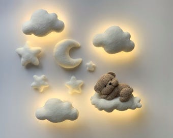 Handmade Bouclé Nursery Night Light: Teddy Bear, Moon & Stars Wall Decor