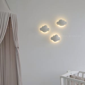 May include: Three cloud-shaped wall lights with a warm glow are mounted on a white wall. A canopy with a draped fabric hangs on the left, and a white crib with pillows is in the lower right. The website LITTLE_BUNNY.CO is visible.