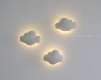 Cloud walls decor nursery light set , Handmade Bouclé Wall Decor with Teddy Bear, Moon, Clouds, and Stars – Soft Night Light for Nursery