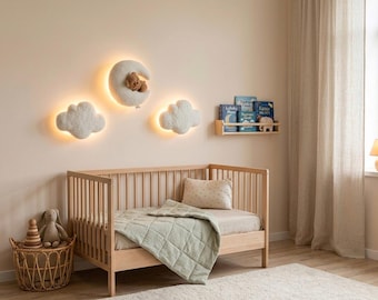 Teddy Bear Nursery Night Light: Bouclé Moon, Stars, Clouds