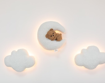Teddy Bear Nursery Night Light: Bouclé Moon, Stars, Clouds