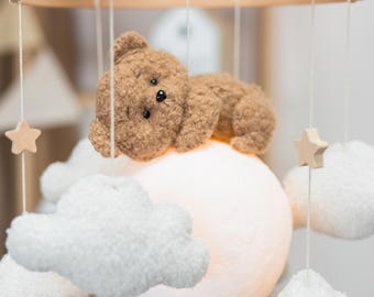 Bear on Moon Nursery Mobile: USB Night Light with Remote