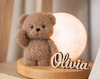 Night Light with Teddy Bear or Bunny – Handmade Nursery Lamp with Wooden Base