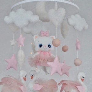 Swan baby mobile Cot mobile Nursery baby mobile pink mobile baby shower present gift for baby girl cat mobile