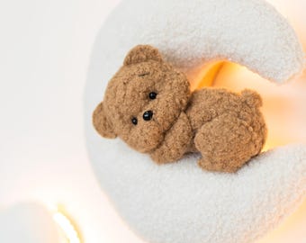 Teddy Bear Nursery Night Light: Bouclé Moon, Stars, Clouds