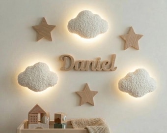 Wooden Name Wall Decor, Cloud Wall Lights Set