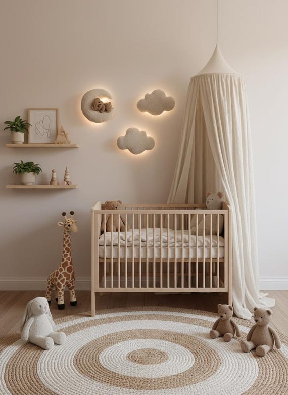 Bouclé Nursery Night Light Set: Teddy Bear, Moon, Stars - Handmade Kids Room Decor
