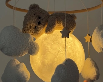 Bear on Moon Nursery Mobile: USB Night Light with Remote