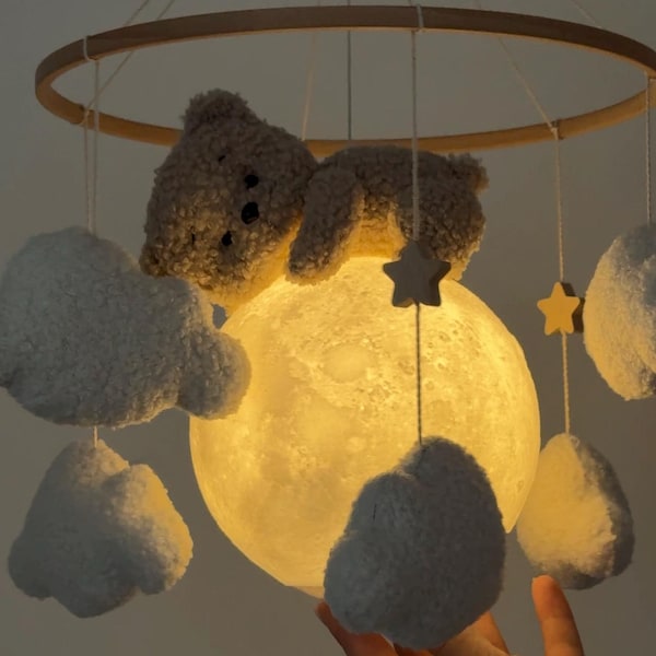 Bear on Moon Nursery Mobile: USB Night Light with Remote
