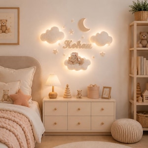 Personalized Bear Nursery Wall Decor, Teddy Bear Night Light, Baby Name Sign, Cloud Nursery Decor