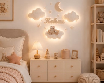 Personalized Bear Nursery Wall Decor, Teddy Bear Night Light, Baby Name Sign, Cloud Nursery Decor