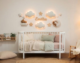 Personalized Teddy Bear Nursery Wall Decor with Clouds and Name