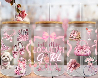 Coquette Aesthetic Glass Can Wrap, Pink Bow Ribbon Style Girly 16oz Libbey Cup PNG, Feminine Design Sublimation File In My Coquette Girl Era