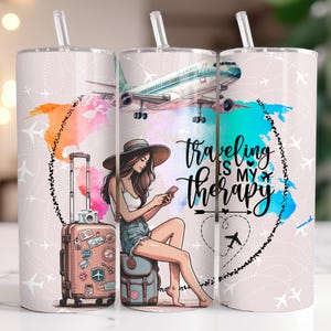 Podróżowanie to moja terapia Tumbler Wrap 20oz Skinny, Wanderlust World Traveler Girl Adventurer Explorer Sublimacja Cyfrowy projekt PNG, Samolot