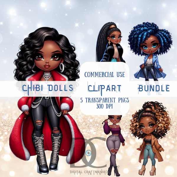 5 African American Chibi Woman Clipart Bundle, Black Fashionista Girls PNG, Urban Chic Chibi Doll Illustration w/Transparent Background